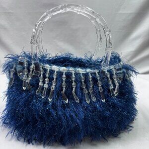 Vintage Y2K Festival Fuzzy Crochet Handbag Royal Blue Size 9X5 Eyelash Yarn